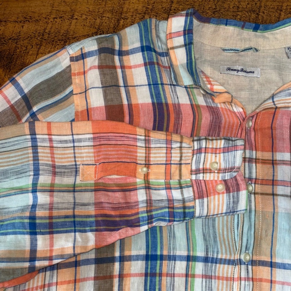 Tommy Bahama Mens 100% Linen Orange Blue Plaid Long Sleeve Button Down Shirt XL - Picture 6 of 9